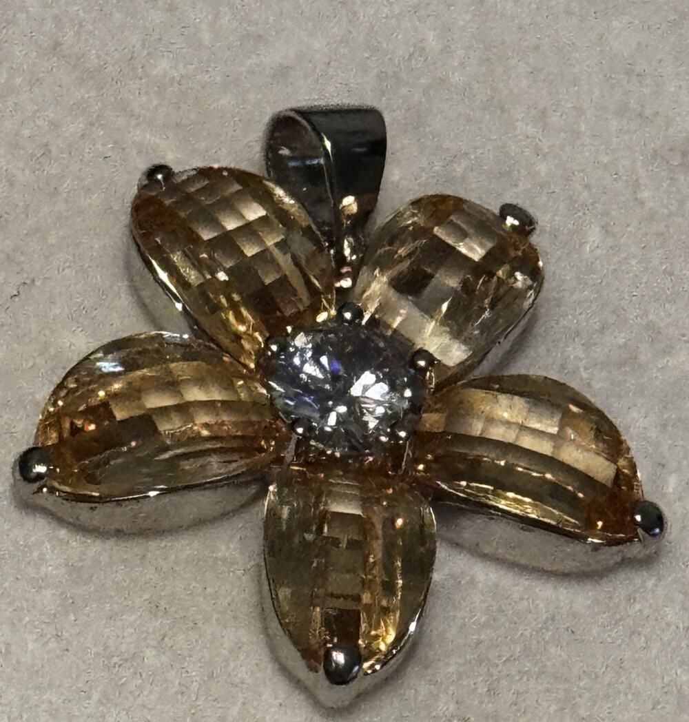 Vintage Sterling Silver Citrine Flower Pendant White Topaz Gem 925 11g